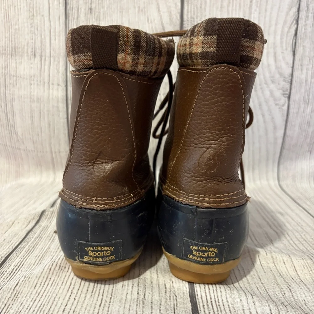 Women's Sporto Original Duck Boots Brown Leather Plaid Lined Lace Up Size 8‎